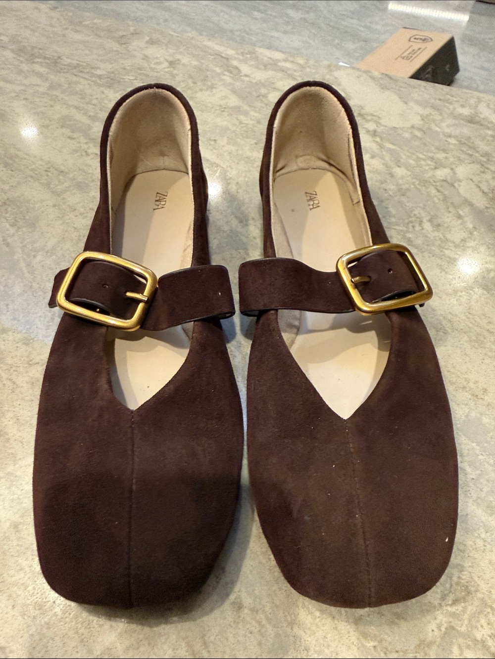 Zara Dark Brown Suede Mary Jane Flats with Gold Buckle Sz 37 US 7-7.5